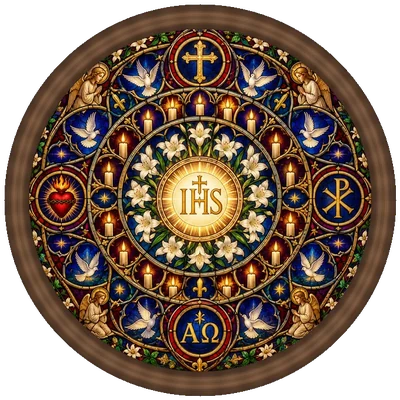 Rose window — the Holy Name, doves and lilies